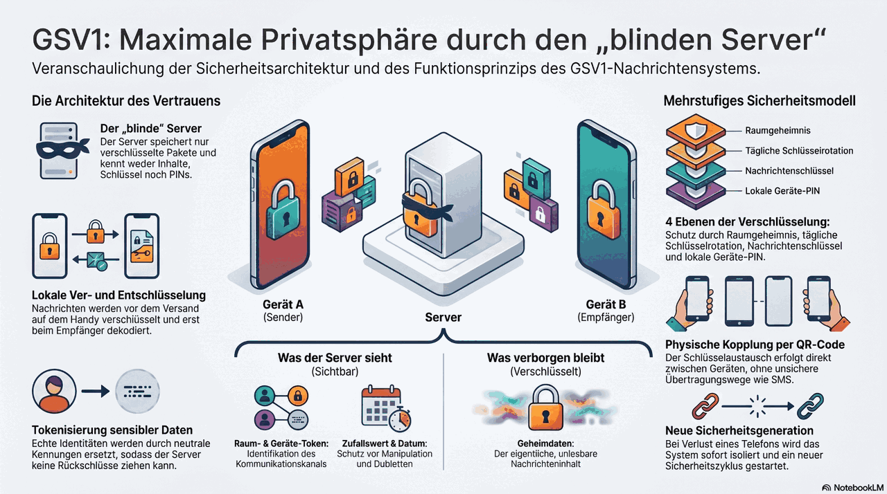 GVS1 Architektur — blinder Server, lokale Ver- und Entschlüsselung, QR-Kopplung, Sicherheitsmodell